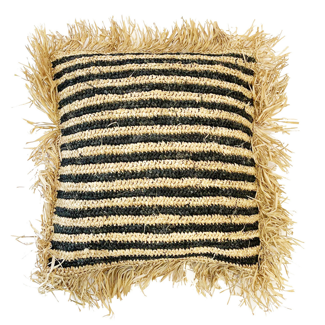 Kontrola Povlak na polštář s pruhy z rafie - přírodní černá - 60x60. Povlak na polštář s pruhy z rafie - přírodní černá - 60x60.