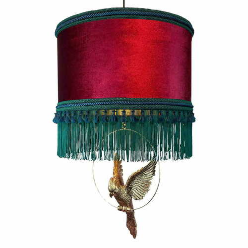 Kontrola Závěsná lampa ANTIGUA sametová červeno-zelená se zlatým papouškem 45 cm Las Plumas