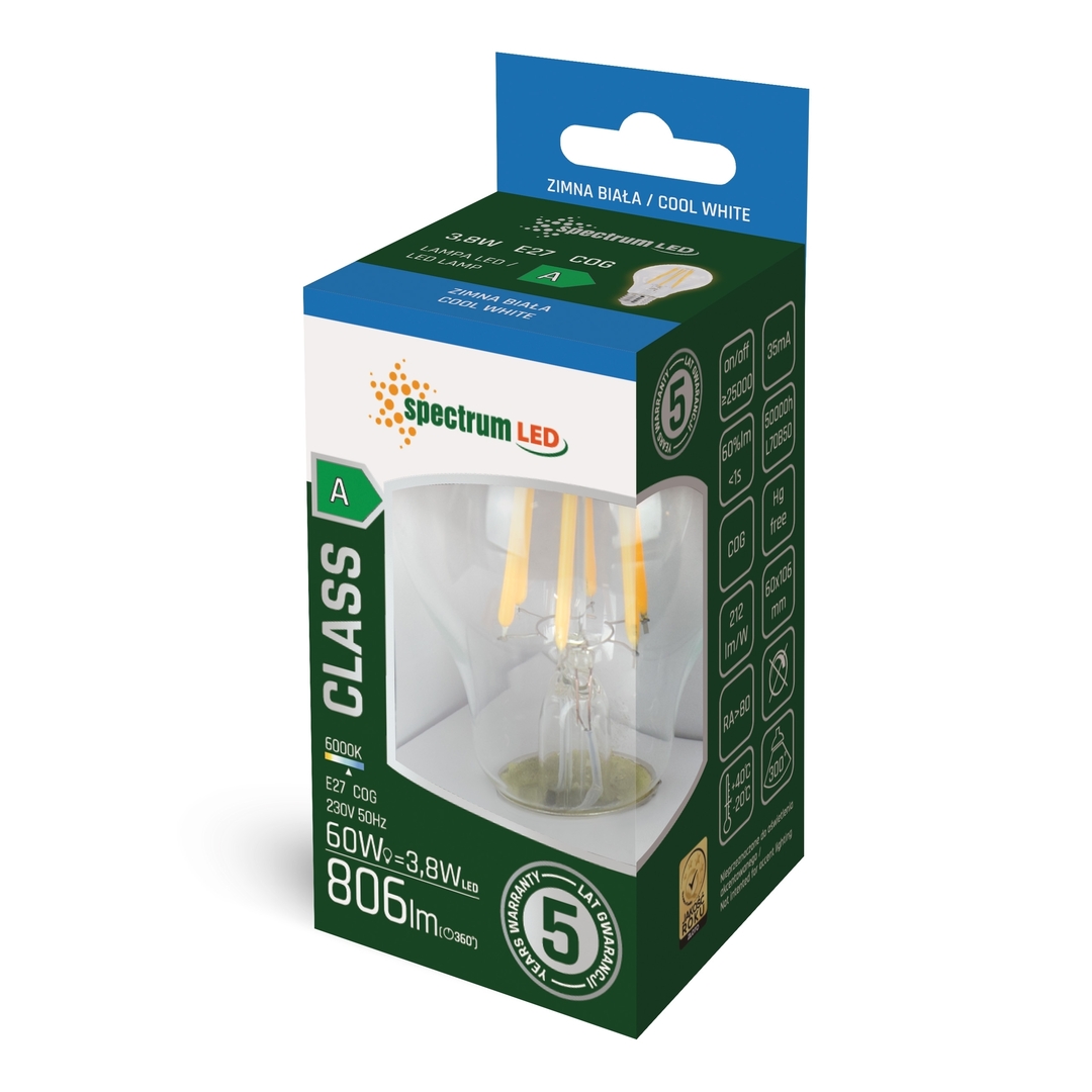 Pohled Led Gls E27 230 V 3,8 W Cog A Class Cw Clear Spectrum 5 let záruka Led Gls E27 230 V 3,8 W Cog A Class Cw Clear Spectrum 5 let záruka