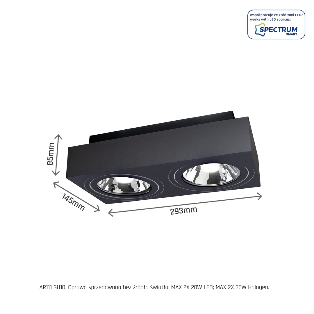 Kontrola Mirora Ar111 X2 s povrchovou montáží Gu10 250 V Ip20 293 X145 X 85 mm černá obdélníková pohyblivá Mirora Ar111 X2 s povrchovou montáží Gu10 250 V Ip20 293 X145 X 85 mm černá obdélníková pohyblivá