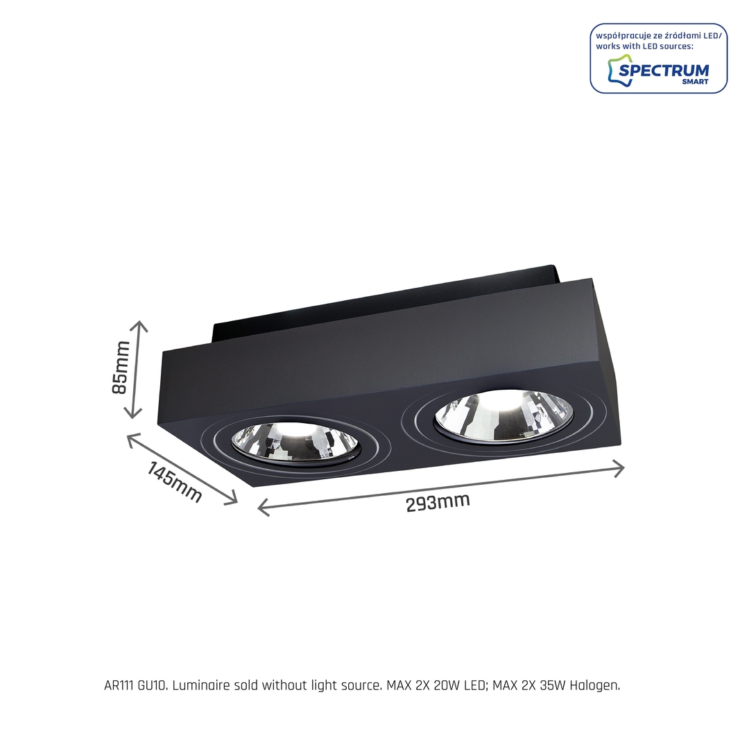 Pohled Mirora Ar111 X2 s povrchovou montáží Gu10 250 V Ip20 293 X145 X 85 mm černá obdélníková pohyblivá Mirora Ar111 X2 s povrchovou montáží Gu10 250 V Ip20 293 X145 X 85 mm černá obdélníková pohyblivá