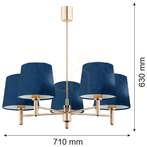 Kontrola Lustr Argon Ponte 2086 námořnická modř velur 5xE27 mosazná ocel 71 cm