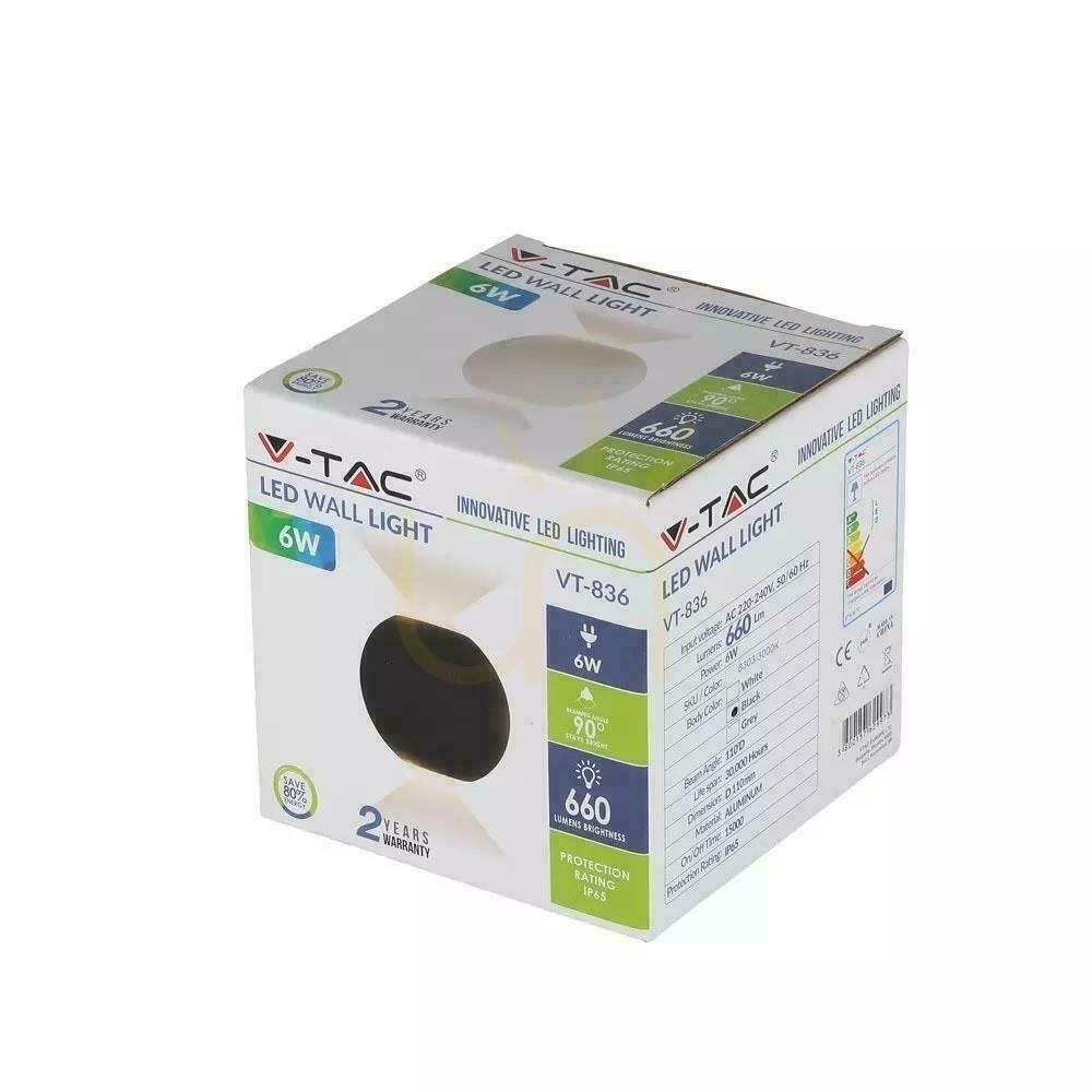 Pohled Nástěnná lampa V-TAC 6W LED černá kulatá IP65 VT-836 3000K 660lm. Nástěnná lampa V-TAC 6W LED černá kulatá IP65 VT-836 3000K 660lm.