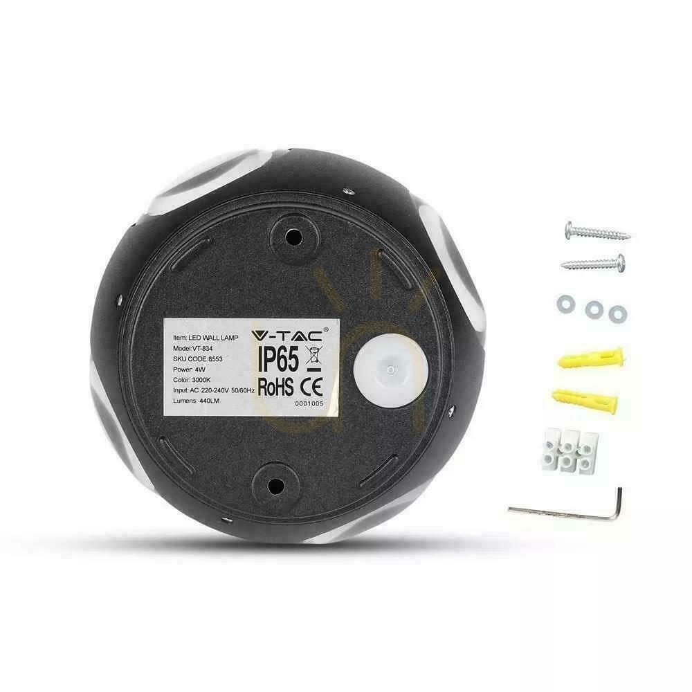Zobrazit Nástěnné svítidlo V-TAC 4W LED černá kulatá IP65 VT-834 3000K 440lm. Nástěnné svítidlo V-TAC 4W LED černá kulatá IP65 VT-834 3000K 440lm.