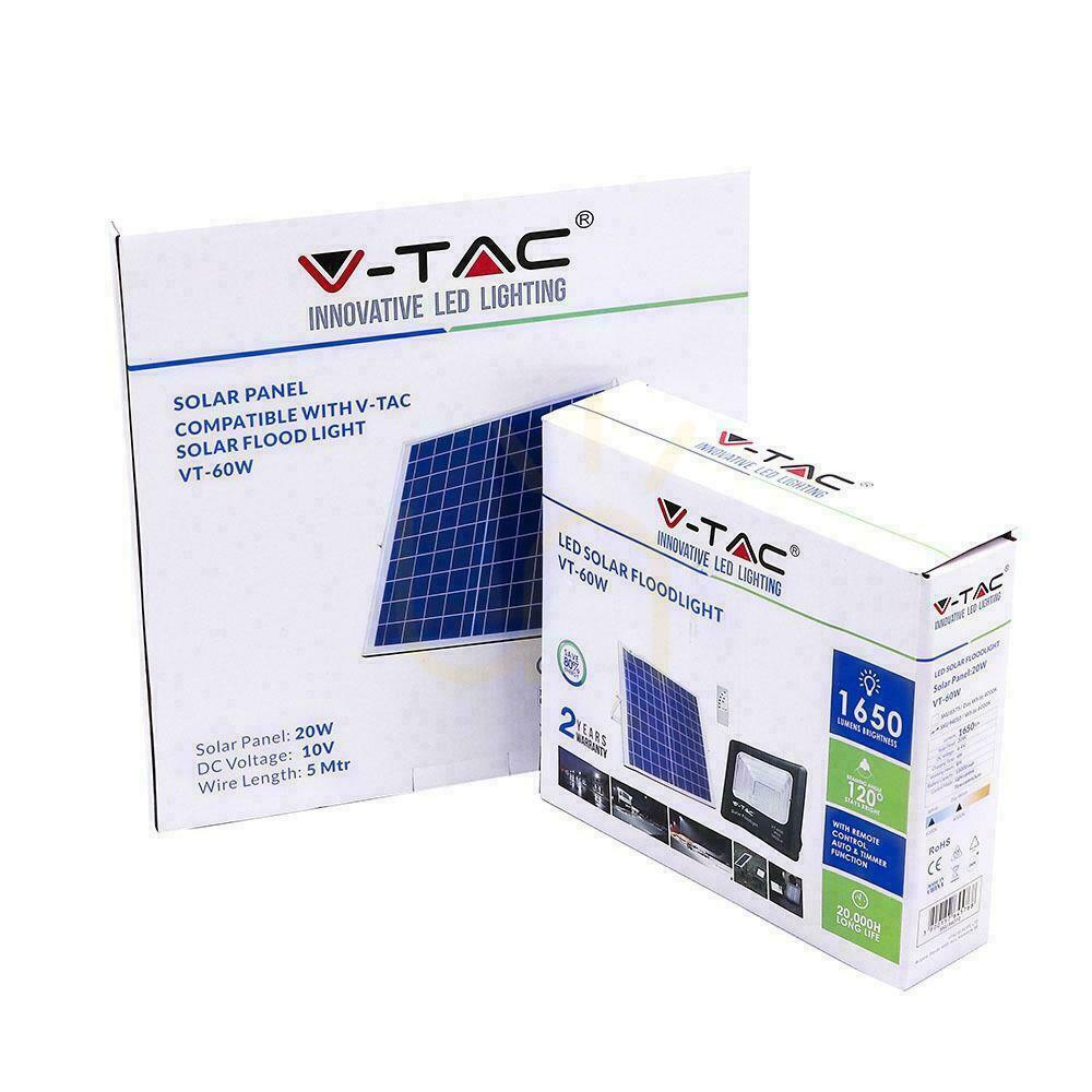 Pohled V-TAC 20W solární LED projektor černý IP65, dálkové ovládání, časovač VT-60W 4000K 1650lm V-TAC 20W solární LED projektor černý IP65, dálkové ovládání, časovač VT-60W 4000K 1650lm