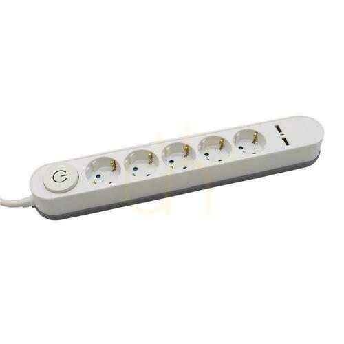 Kontrola Prodlužovací zásuvková lišta V-TAC VT-1115-3, 5 zásuvek, 2 × USB 3,4 A, podsvícený vypínač, kabel 3 m, bílá