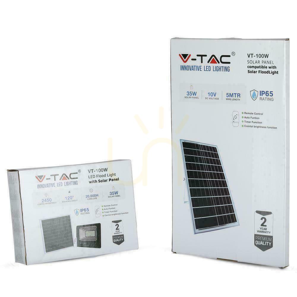 Náhled V-TAC 35W solární LED projektor černý IP65, dálkové ovládání, časovač VT-100W 6000K 2450lm V-TAC 35W solární LED projektor černý IP65, dálkové ovládání, časovač VT-100W 6000K 2450lm