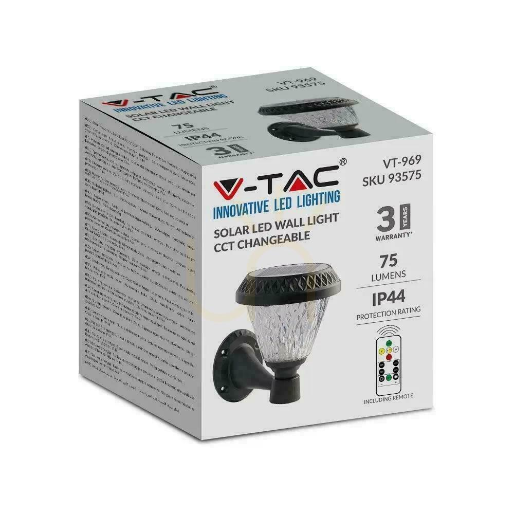 Náhled V-TAC Solární zahradní nástěnná lampa s dálkovým ovládáním 3v1 IP44 černá kulatá VT-969 3000K-4000K-6400K 75 Záruka 3 roky V-TAC Solární zahradní nástěnná lampa s dálkovým ovládáním 3v1 IP44 černá kulatá VT-969 3000K-4000K-6400K 75 Záruka 3 roky