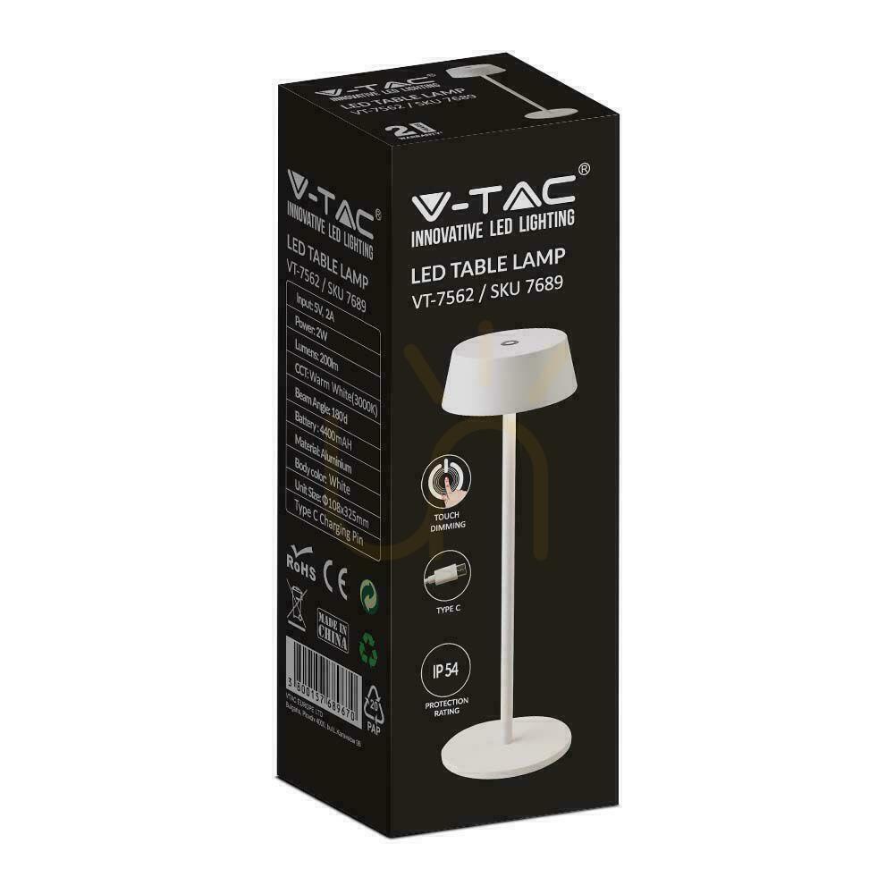 Náhled V-TAC 2W LED nabíjecí stmívatelná lampa na noční stolek IP54 bílá VT-7562 3000K 200lm. V-TAC 2W LED nabíjecí stmívatelná lampa na noční stolek IP54 bílá VT-7562 3000K 200lm.