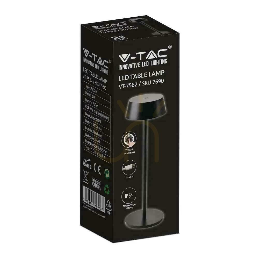 Náhled V-TAC 2W LED nabíjecí stmívatelná lampa na noční stolek IP54 černá VT-7562 3000K 200lm. V-TAC 2W LED nabíjecí stmívatelná lampa na noční stolek IP54 černá VT-7562 3000K 200lm.
