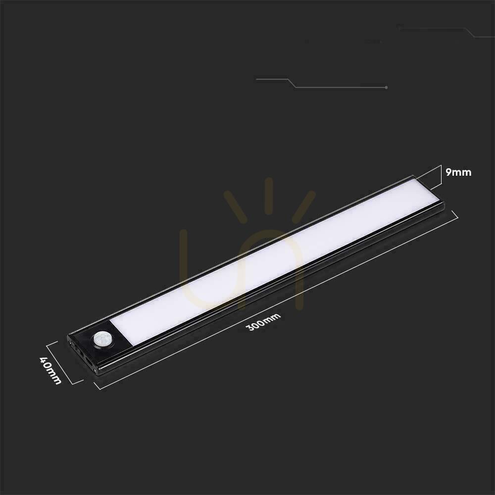Kontrola V-TAC 1,5W LED svítidlo pod skříňku černé Senzor pohybu Nabíjení přes USB 30cm VT-8141 3000K 110lm V-TAC 1,5W LED svítidlo pod skříňku černé Senzor pohybu Nabíjení přes USB 30cm VT-8141 3000K 110lm