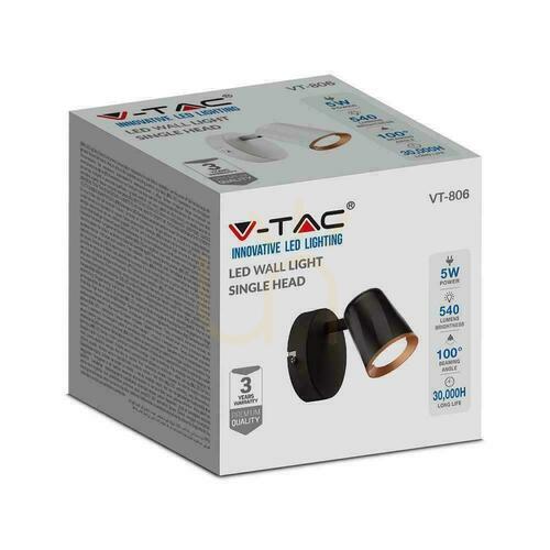Kontrola V-TAC 5W LED nástěnná lampa černá VT-806 4000K 540lm Záruka 3 roky