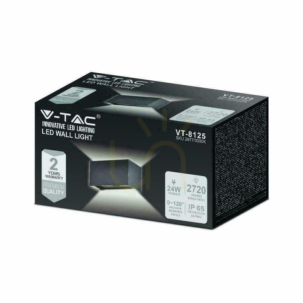 Kontrola V-TAC 24W LED nástěnné svítidlo Top Bottom IP65 černé VT-8125-B-N 4000K 2720lm. V-TAC 24W LED nástěnné svítidlo Top Bottom IP65 černé VT-8125-B-N 4000K 2720lm.