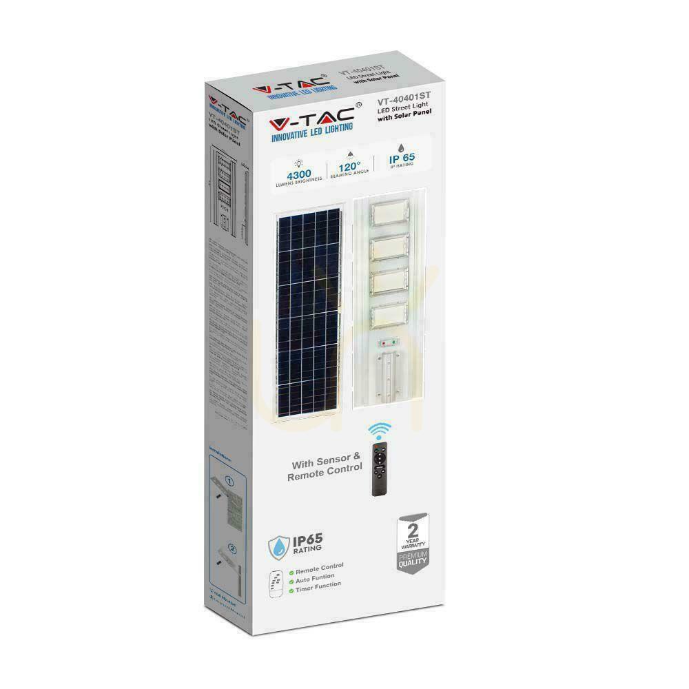 Náhled Solární pouliční svítidlo V-TAC LED 50W se senzorem pohybu a dálkovým ovládáním VT-40401ST 4000K 4300lm Solární pouliční svítidlo V-TAC LED 50W se senzorem pohybu a dálkovým ovládáním VT-40401ST 4000K 4300lm