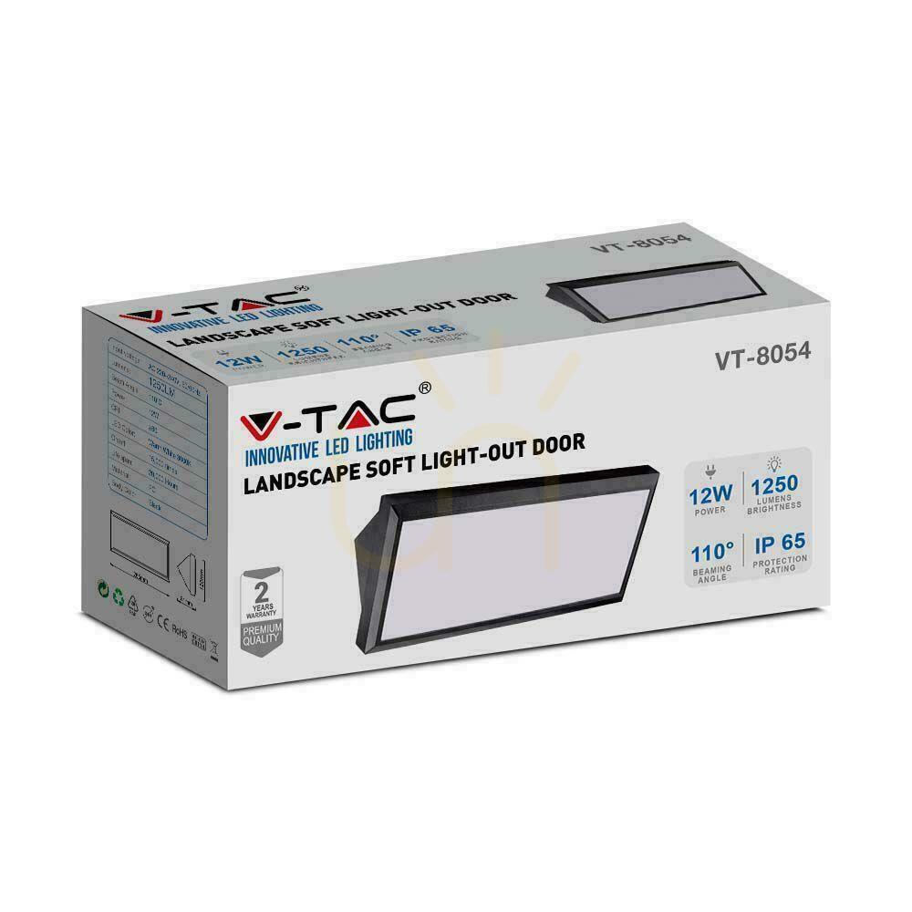 Zobrazit V-TAC 12W LED zkosené nástěnné svítidlo černé IP65 VT-8054 4000K 1250lm. V-TAC 12W LED zkosené nástěnné svítidlo černé IP65 VT-8054 4000K 1250lm.