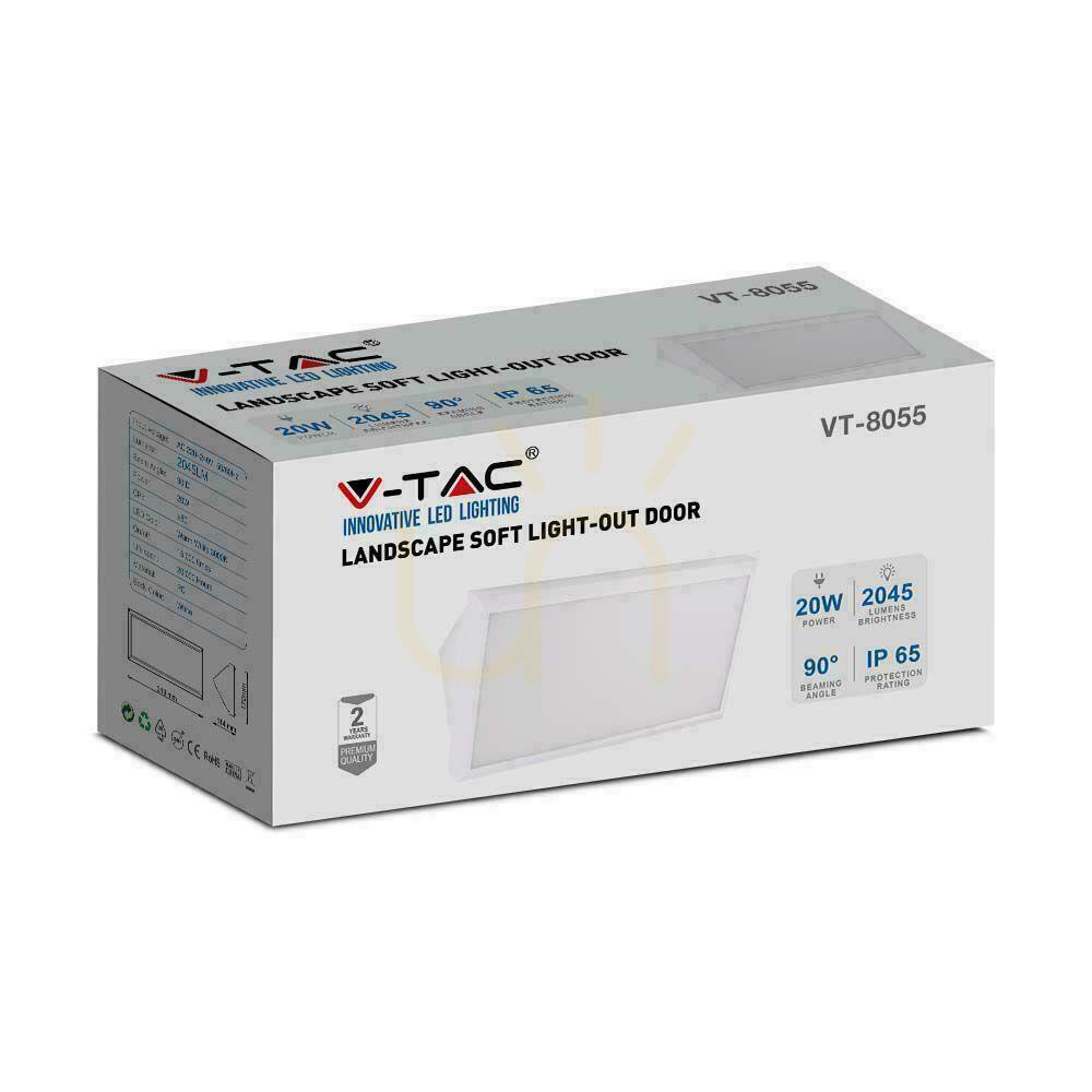 Kontrola V-TAC 20W LED zkosené nástěnné svítidlo bílé IP65 VT-8055 3000K 2045lm. V-TAC 20W LED zkosené nástěnné svítidlo bílé IP65 VT-8055 3000K 2045lm.