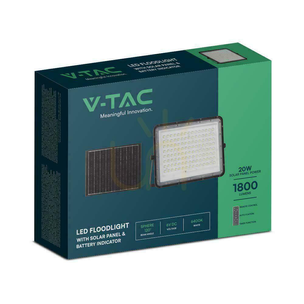 Zobrazit V-TAC 20W solární LED projektor s dálkovým ovládáním, AUTO, časovač, IP65 černý VT-180W 6400K 1800lm V-TAC 20W solární LED projektor s dálkovým ovládáním, AUTO, časovač, IP65 černý VT-180W 6400K 1800lm