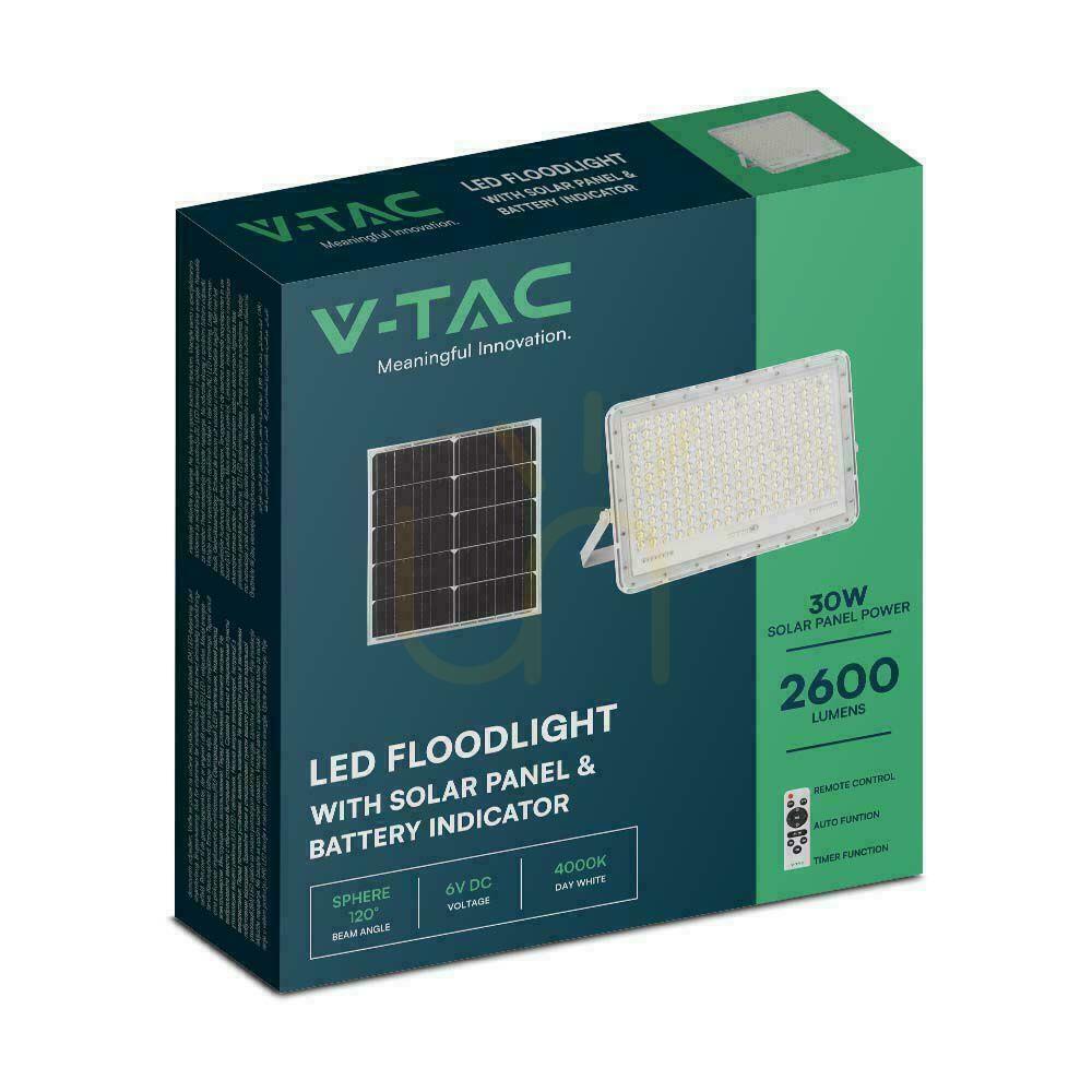 Zobrazit V-TAC 30W solární LED projektor s dálkovým ovládáním, AUTO, časovač, IP65 bílý VT-240W-W 4000K 2600lm V-TAC 30W solární LED projektor s dálkovým ovládáním, AUTO, časovač, IP65 bílý VT-240W-W 4000K 2600lm