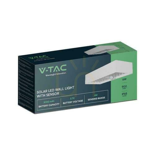 Kontrola V-TAC 6W bílé VT-406 4000K 900lm solární nástěnné zahradní svítidlo se senzorem pohybu.