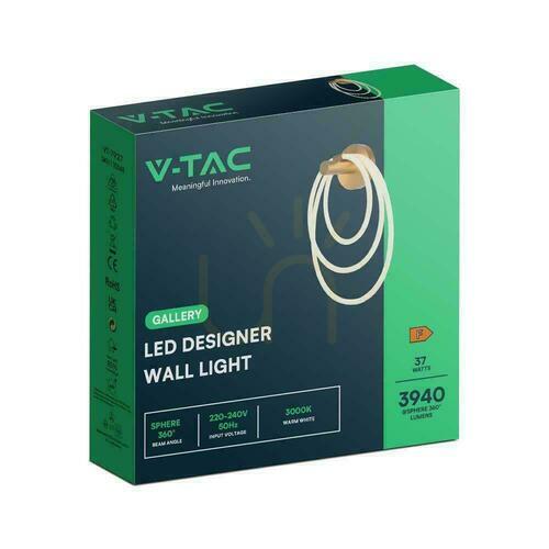Kontrola Nástěnné svítidlo V-TAC VT-7927, tři svítící kruhy, 34 x 46 cm, LED 37 W 3940 lm 3000K, zlatá mat