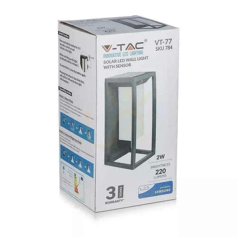 Zobrazit V-TAC 2W LED SAMSUNG CHIP Grey 2-funkční IP65 VT-77 3000K 220lm Solární zahradní nástěnná lampa 3 roky záruka V-TAC 2W LED SAMSUNG CHIP Grey 2-funkční IP65 VT-77 3000K 220lm Solární zahradní nástěnná lampa 3 roky záruka