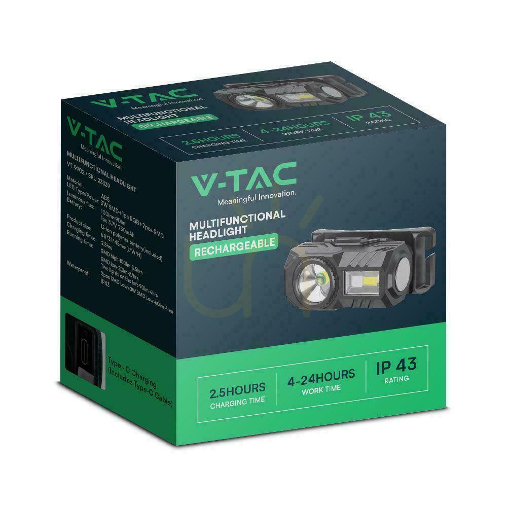 Zobrazit Čelová a cyklistická svítilna V-TAC VT-9902 3 W 190 lm USB-C Čelová a cyklistická svítilna V-TAC VT-9902 3 W 190 lm USB-C