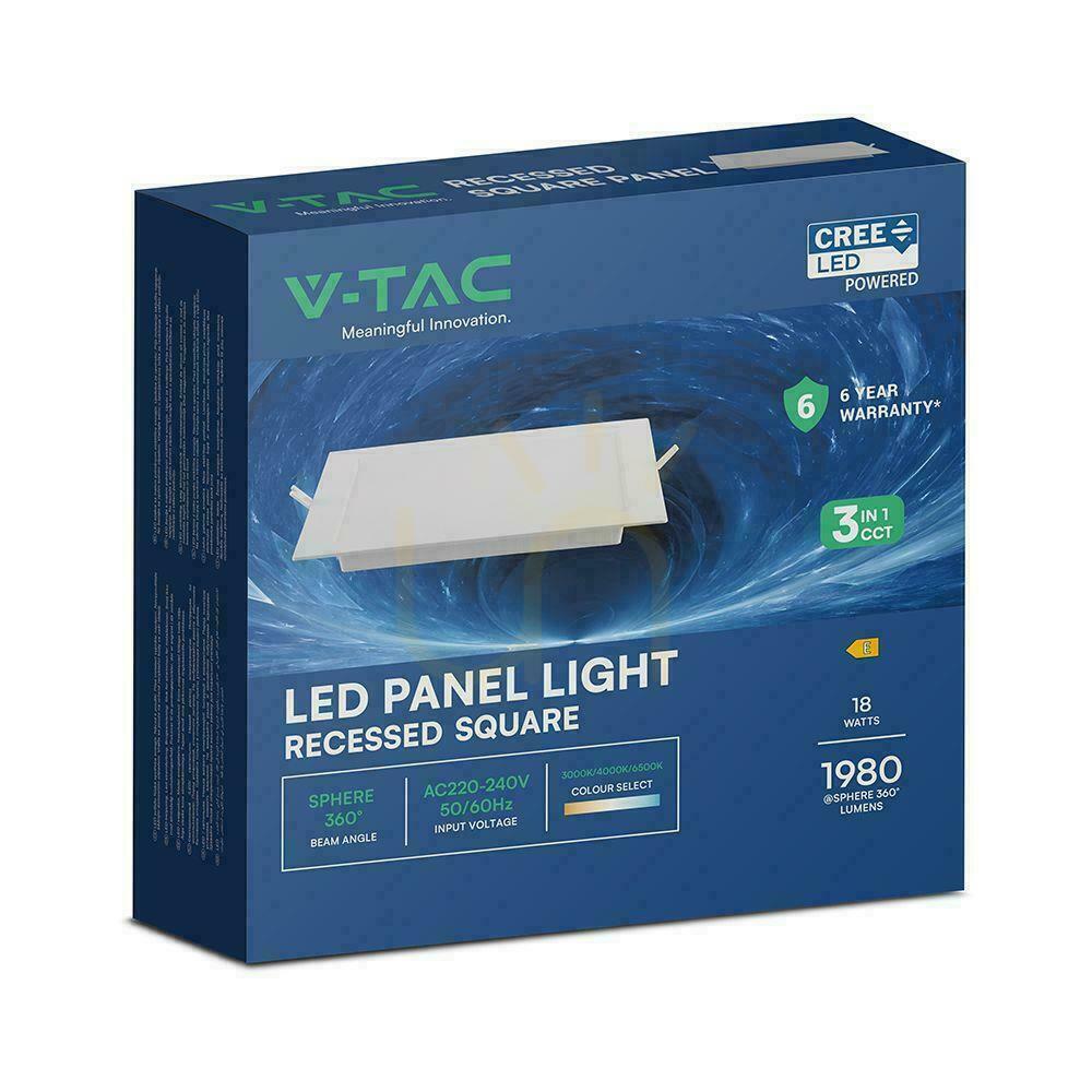 Kontrola V-TAC 18W LED CREE CHIP zapuštěné stropní svítidlo čtvercové 220x220mm VT-61018CCT 1980lm 6 let záruka V-TAC 18W LED CREE CHIP zapuštěné stropní svítidlo čtvercové 220x220mm VT-61018CCT 1980lm 6 let záruka