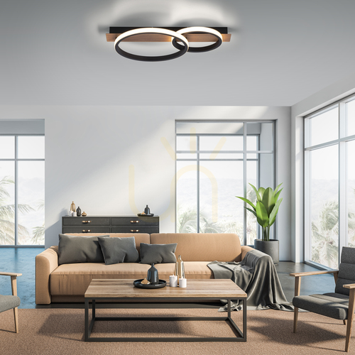 Kontrola Stropní LED svítidlo Paul Neuhaus / JUST LIGHT Trooper 30 W 1200lm 3000K dva kruhy černé s dřevěným dekorem 53 cm 15615-78