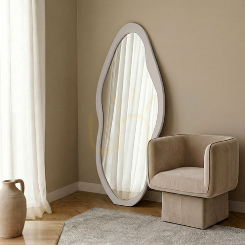 Kontrola Nástěnné zrcadlo MARIMAR v dřevěném rámu, 180 x 80 cm, nepravidelného tvaru, ve světle béžové barvě (Nova Nook)