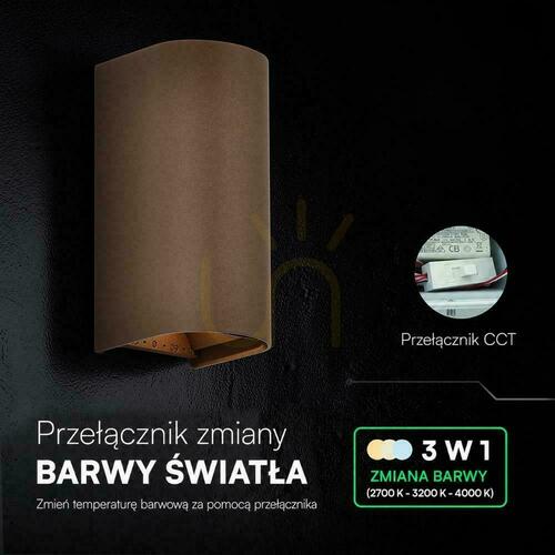 Kontrola Nástěnné svítidlo V-TAC 10 W LED COB, hnědá barva Corten, IP65, nastavení barevné teploty CCT VT-120113 2700 K–3200 K–4000 K, 1250 lm