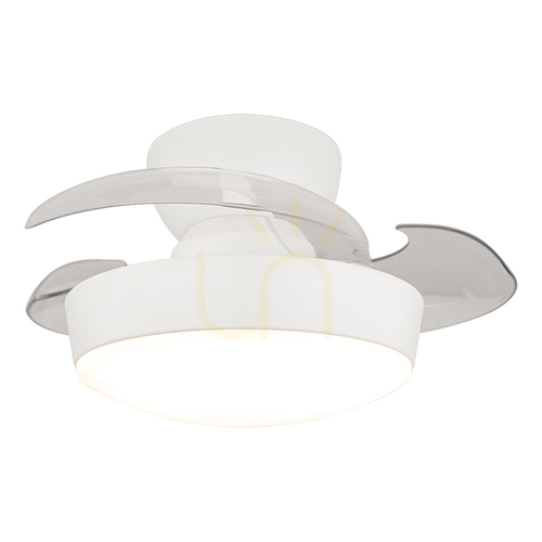 Kontrola Stropní ventilátor s LED osvětlením 20 W, 3000 K–4000 K–6500 K, bílý matný kov – průhledná polykarbonátová lopatka, ZAMBELIS