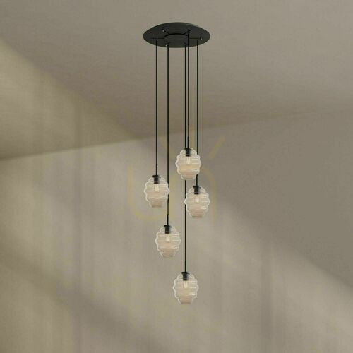 Kontrola Lustr s.luce Echos 5×E27, čiré sklo, černé zavěšení, stínítka Ø18 cm