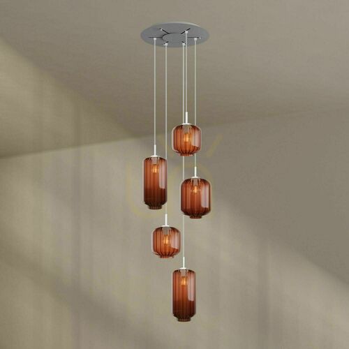 Kontrola Závěsné svítidlo s.luce Velo, 5 světel, hnědé sklo, bílé zavěšení, baldachýn Ø 60 cm, E27