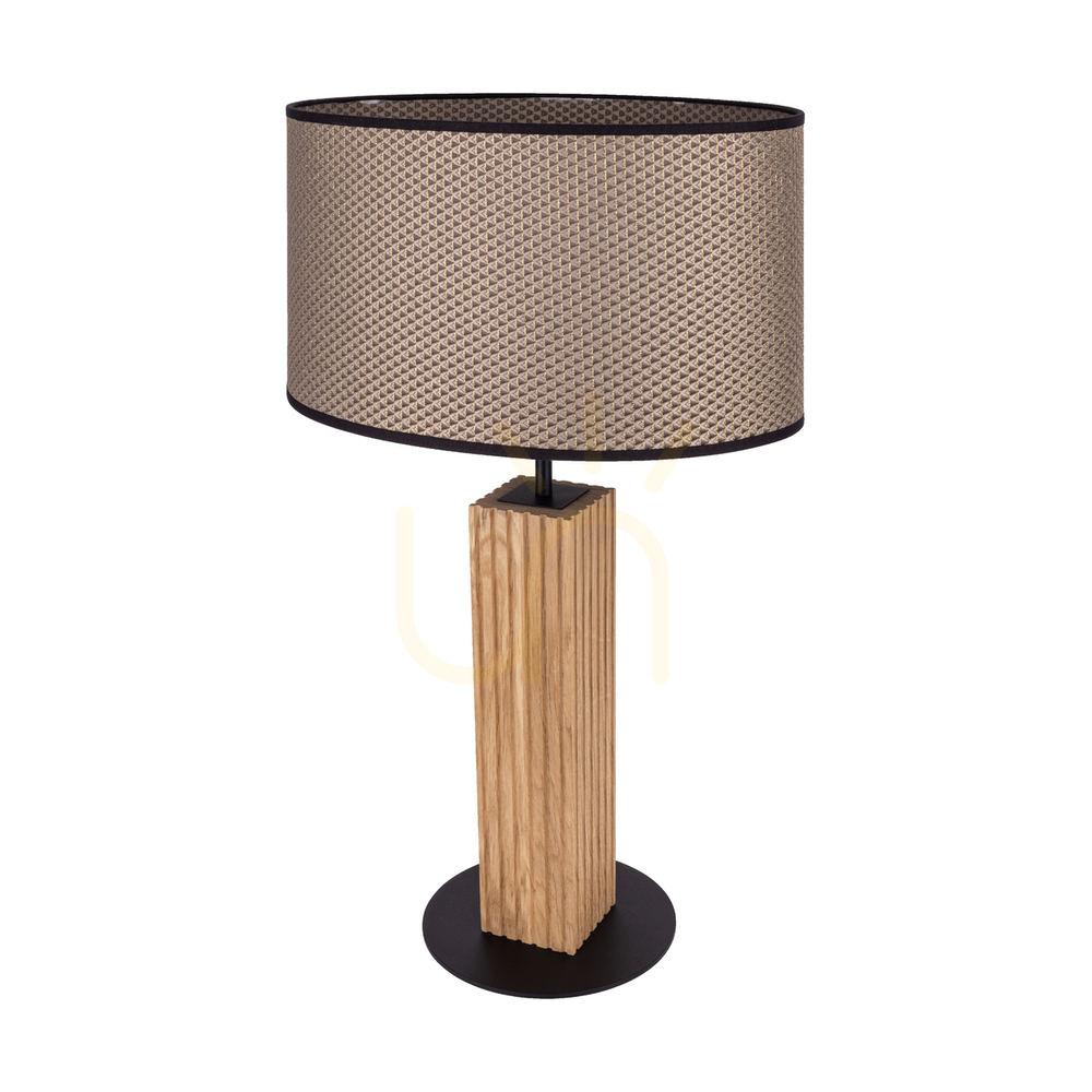Riflet Table Lamp, Oiled Oak/Black, Brown-Black-Gold Lampshade, 1xE27, 36 cm