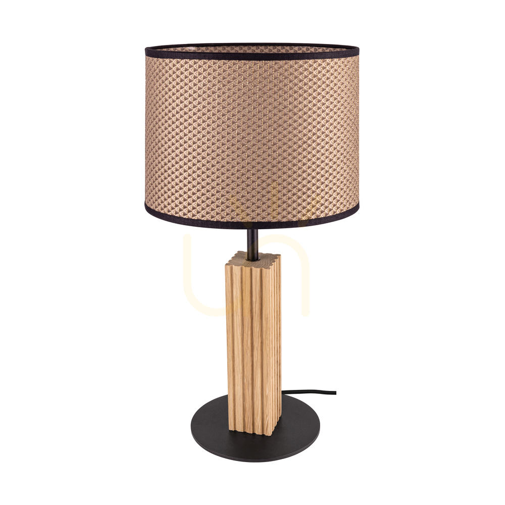 Riflet Table Lamp, Oiled Oak/Black, Brown-Black-Gold Lampshade, 1xE27, Ø22 cm