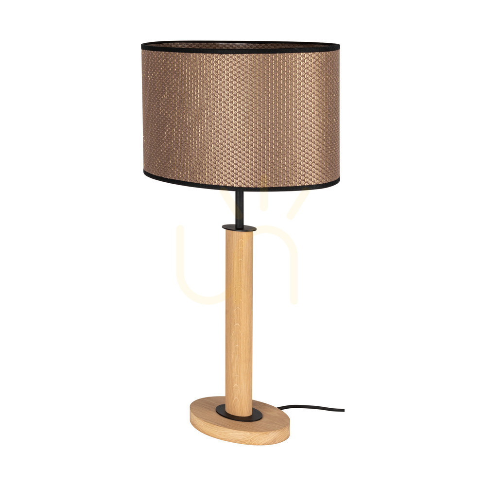 Mercedes-Tischlampe, geölte Eiche/Schwarz, braun-schwarz-goldener Lampenschirm, 1xE27, 36 cm