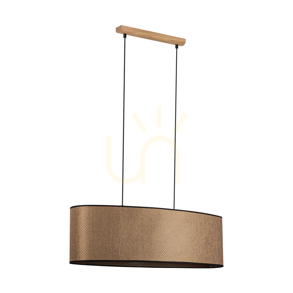 Mercedes Pendant Light, Oiled Oak, Brown-Black-Gold Lampshade, 2xE27, 80 cm