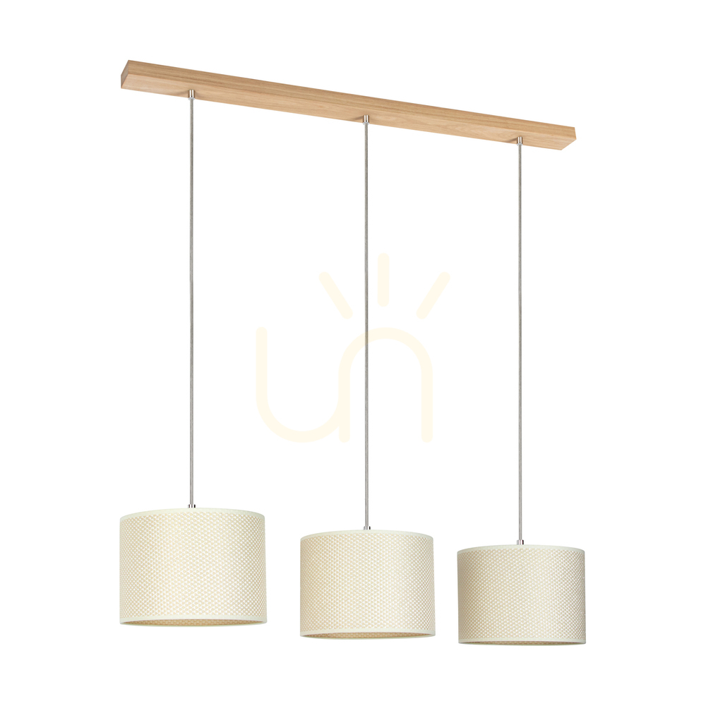 Mercedes Pendant Light, Oiled Oak, Cream and Silver Lampshade, 3xE27, 100 cm