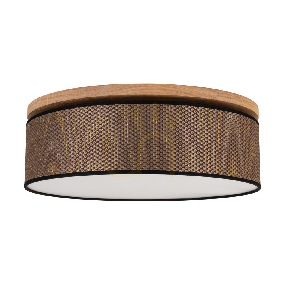 Mercedes Ceiling Light, Oiled Oak, Brown-Black-Gold Lampshade, 3xE27, Ø48 cm
