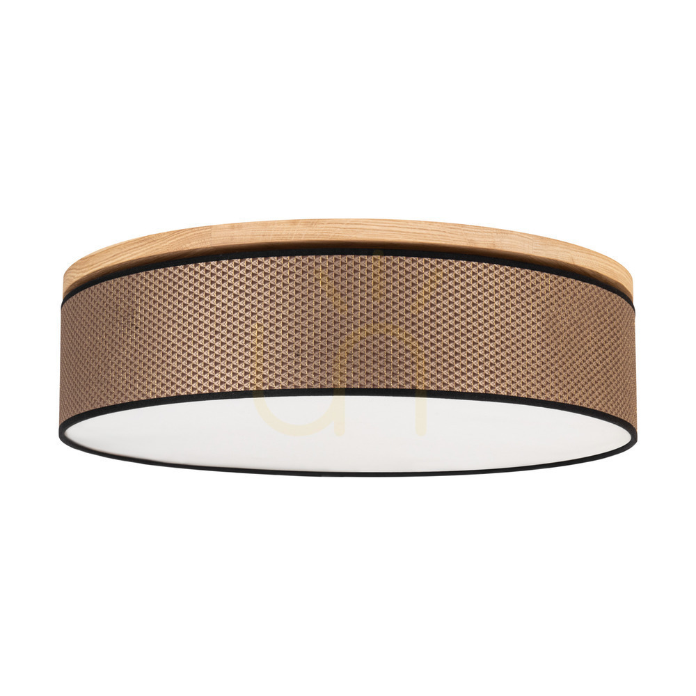 Mercedes Ceiling Light, Oiled Oak, Brown-Black-Gold Lampshade, 4xE27, Ø58 cm