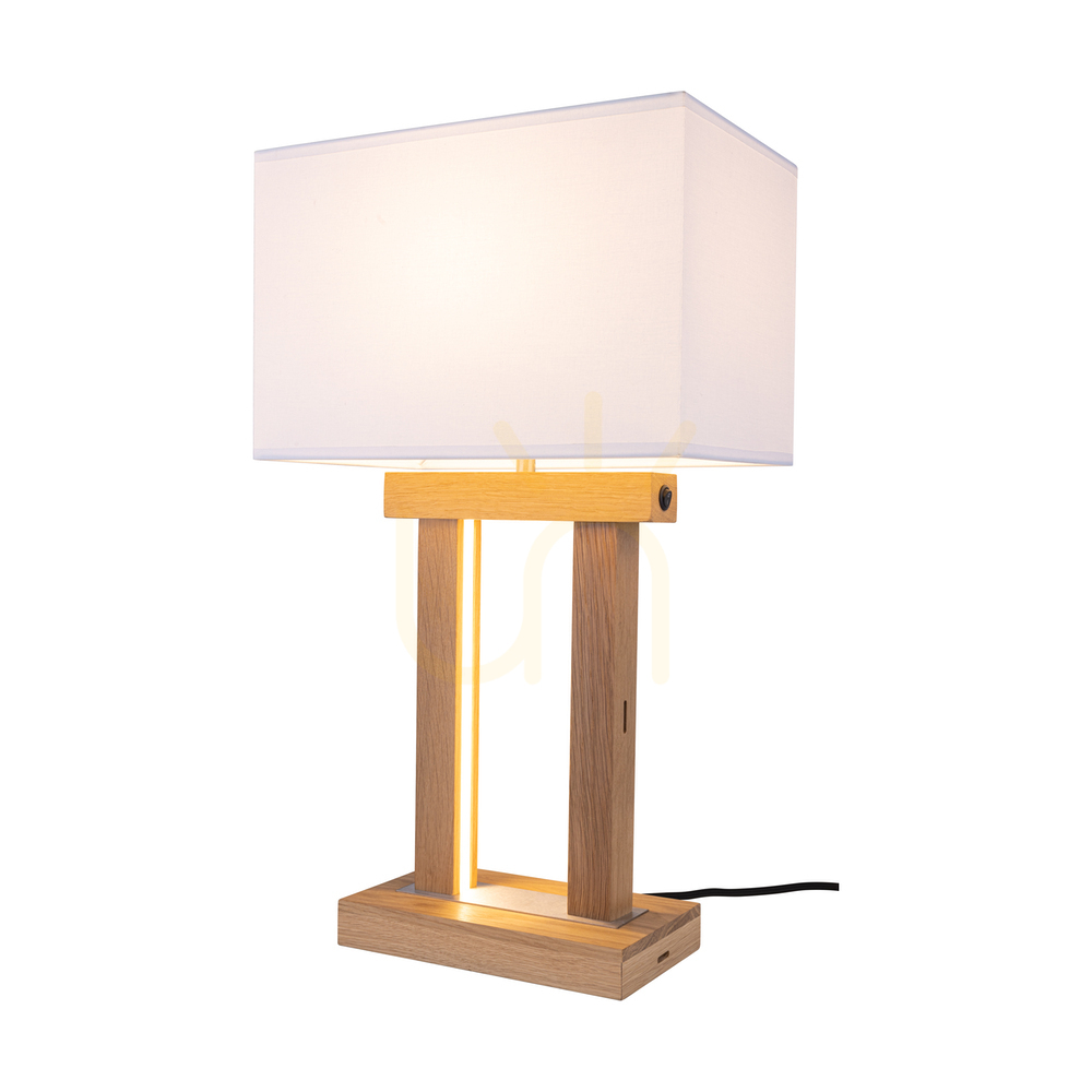 Pohled Stolní lampa Hakon, olejovaný dub/matný nikl, bílé stínidlo, 1xE27 + 2xLED 40 W, 35 cm Stolní lampa Hakon, olejovaný dub/matný nikl, bílé stínidlo, 1xE27 + 2xLED 40 W, 35 cm