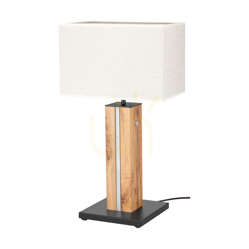 Kontrola Stolní lampa Flamo, dub/černá, béžové stínidlo, 1xE27 + 1xLED 4,6 W, 30 cm