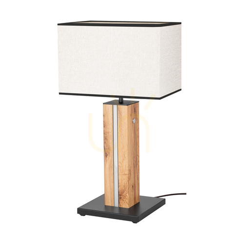 Kontrola Stolní lampa Flamo, dub/černá, béžovo-černý stínidlo, 1xE27 + 1xLED 4,6 W, 30 cm