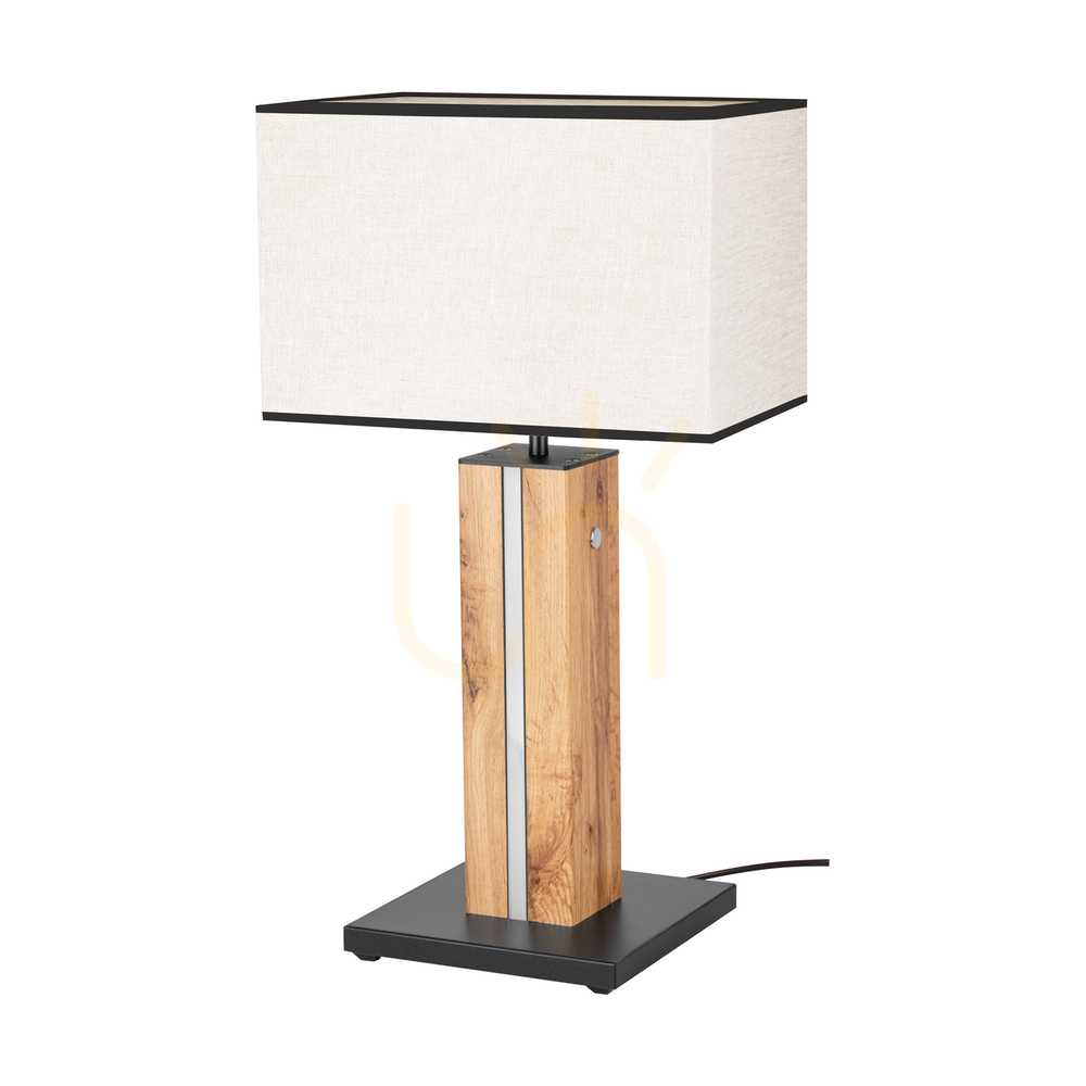Stolní lampa Flamo, dub/černá, béžovo-černý stínidlo, 1xE27 + 1xLED 4,6 W, 30 cm