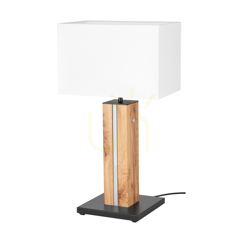 Kontrola Stolní lampa Flamo, dub/černá, bílé stínidlo, 1xE27 + 1xLED 4,6 W, 30 cm