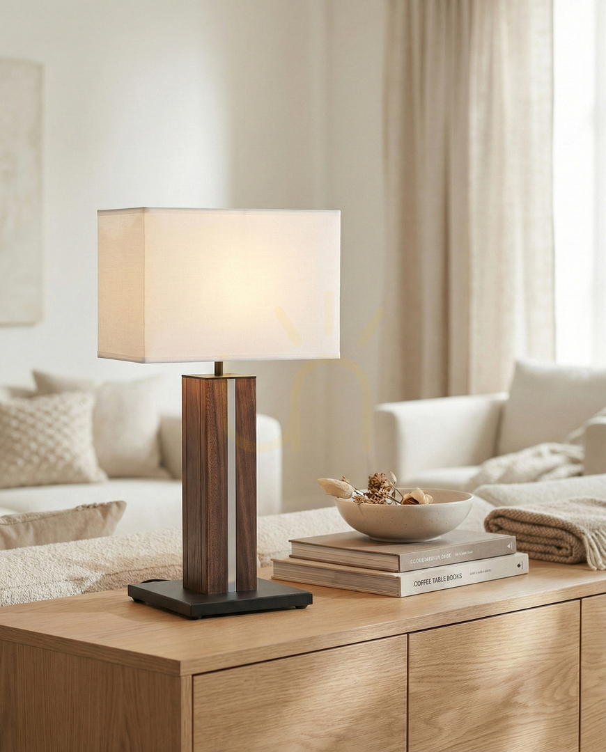 Pohled Stolní lampa Flamo, ořech/černá, bílé stínidlo, 1xE27 + 1xLED 4,6 W, 30 cm Stolní lampa Flamo, ořech/černá, bílé stínidlo, 1xE27 + 1xLED 4,6 W, 30 cm