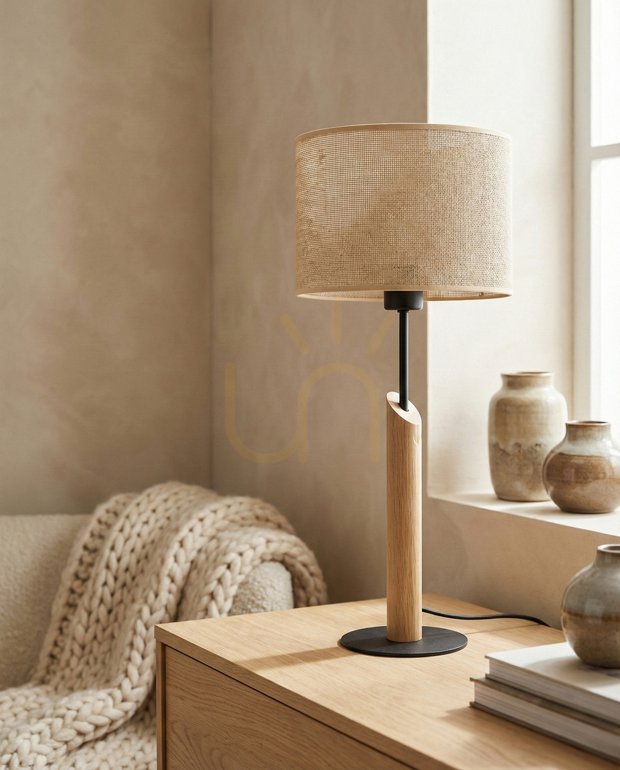 Pohled Stolní lampa Canva, olejovaný dub/černá, béžové stínidlo, 1xE27, Ø27 cm Stolní lampa Canva, olejovaný dub/černá, béžové stínidlo, 1xE27, Ø27 cm