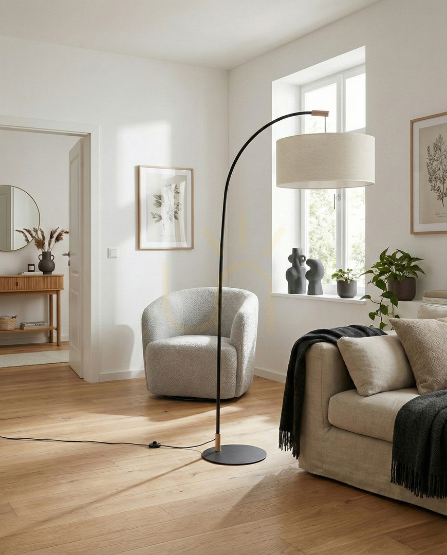 Pohled Stojací lampa Brindille, olejovaný dub/černá, béžové stínidlo, 1xE27, 94 cm Stojací lampa Brindille, olejovaný dub/černá, béžové stínidlo, 1xE27, 94 cm