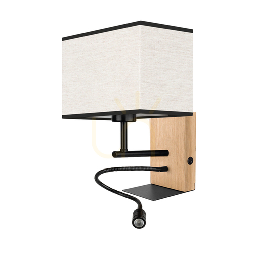 Kontrola Nástěnné svítidlo Lector, olejovaný dub/černá, béžovo-černý stínidlo, 1xE27 + 1xLED 2,8 W, 22 cm