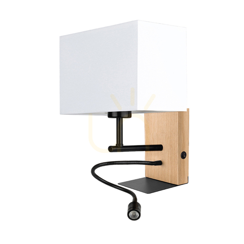 Kontrola Nástěnné svítidlo Lector, olejovaný dub/černá, bílé stínidlo, 1xE27 + 1xLED 2,8 W, 22 cm